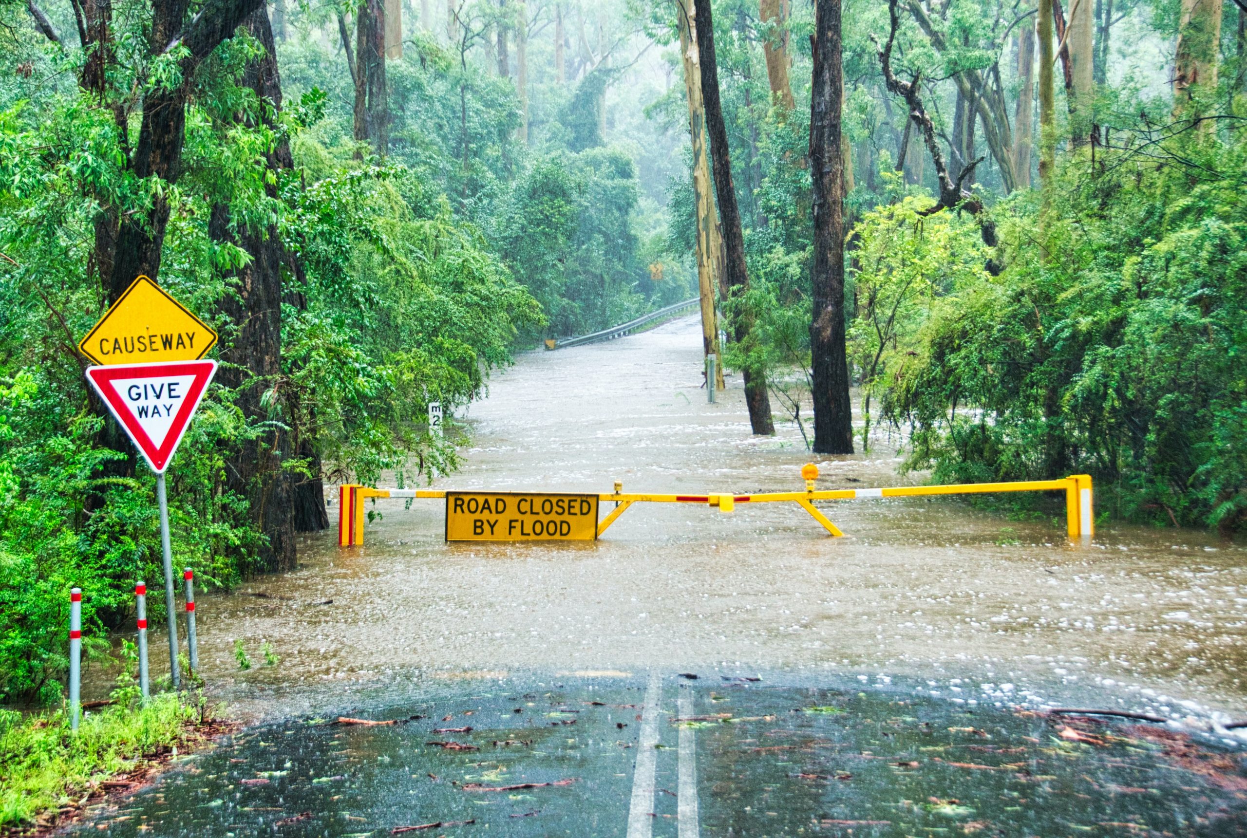 road closed sign with flooded road